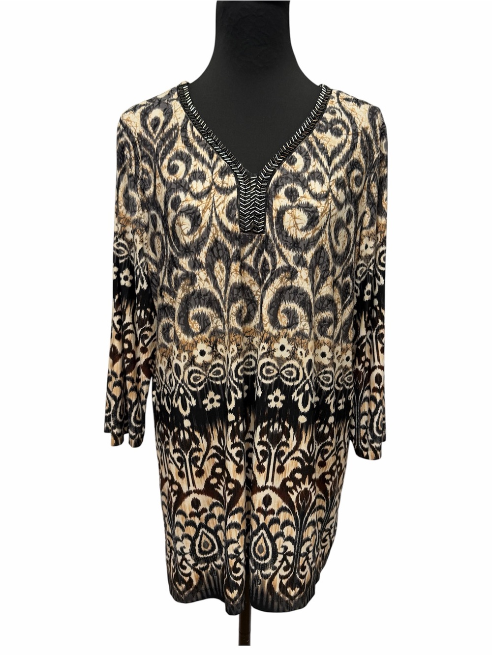 CJ Banks 1X Beige Black Brown Embellished Tunic Top